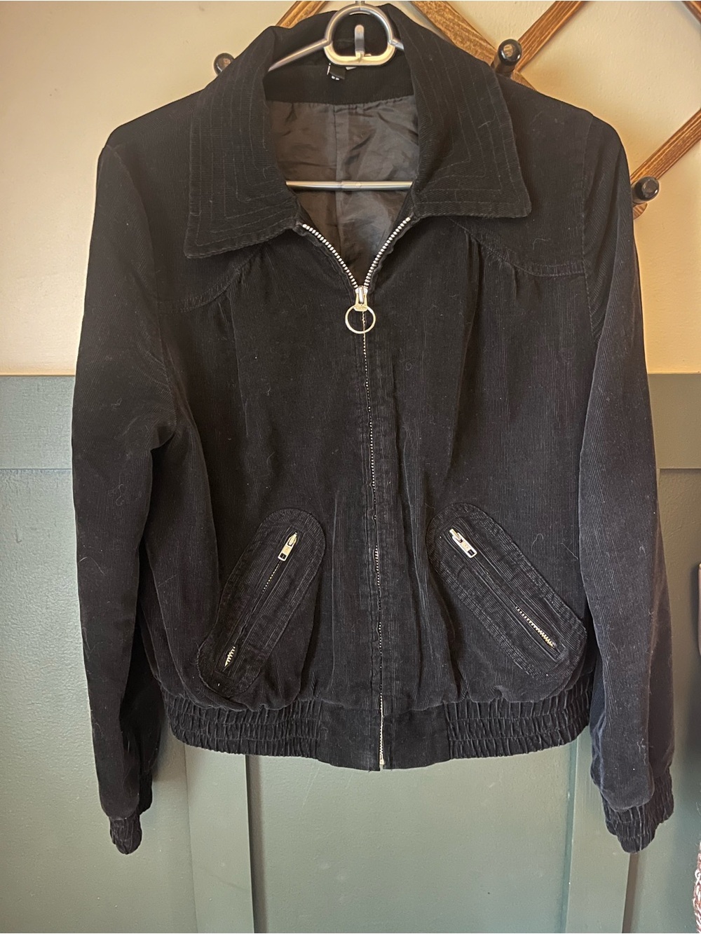 H&M Black Corduroy Bomber Jacket with Ring-Pull Zip